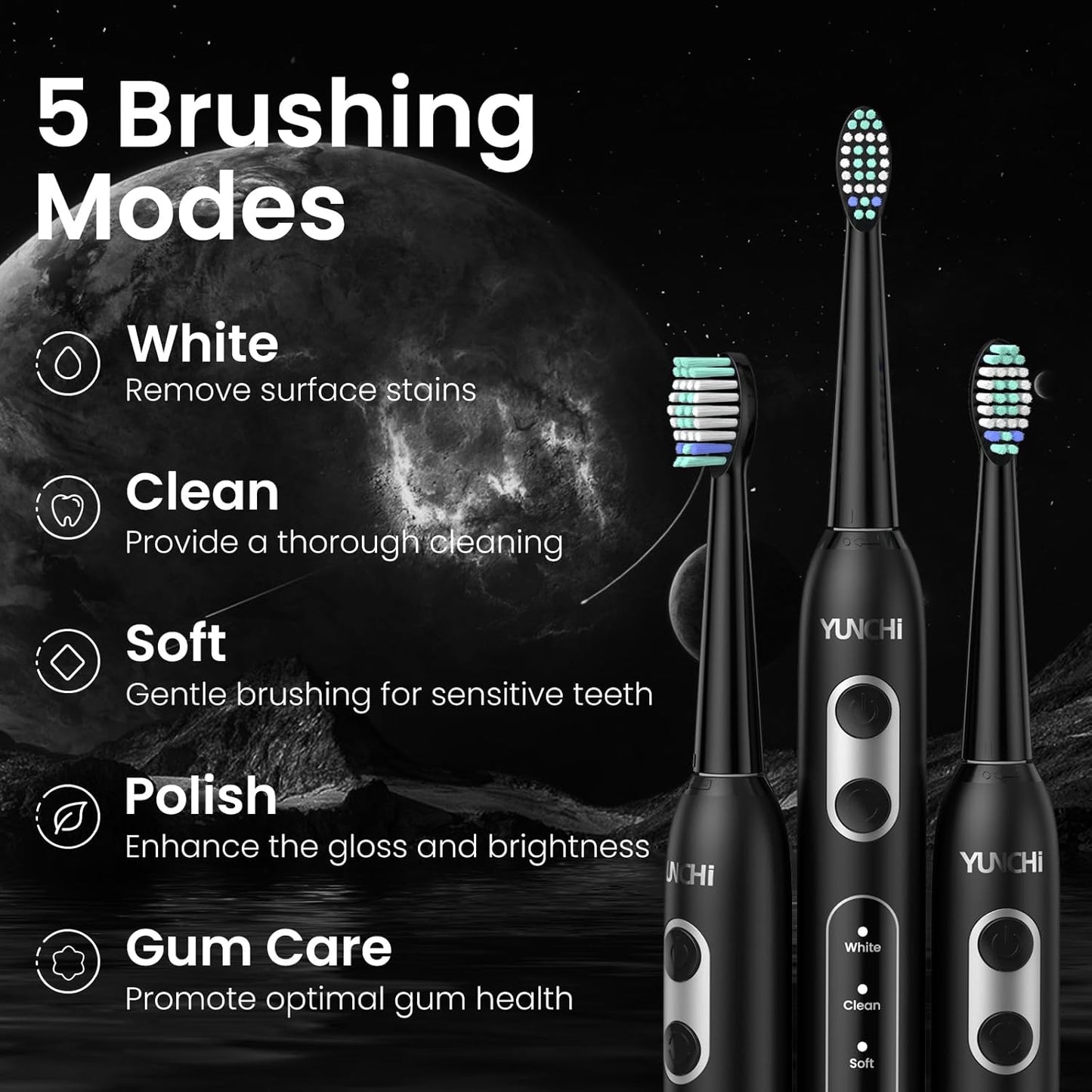 YUNCHI Sonic Electric Toothbrush for Adults and Kids, Black Electric Toothbrush,55 Days Last USB Rechargeable Toothbrush, 5 Modes, 4 Brush Heads, 2-Min Smart Timer, IPX7 Waterproof