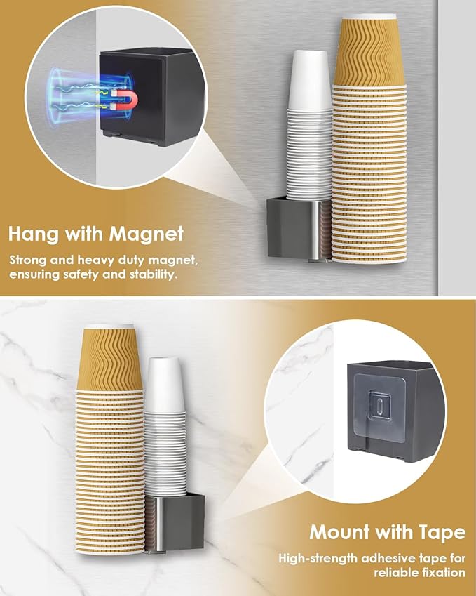 2 Pack Cup Dispenser 2 Seats | Fits 2-16 oz Paper/Plastic Cups, Magnetic & Adhesive Mount, Water Dispenser Cup Holder for Water Cooler, Coffee Station, Office, Bathroom & Wall