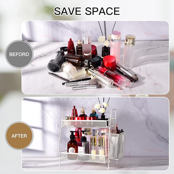 2024 upgraded Bathroom Organizer with Basket, 2-Tier Bathroom Tray for Countertop Storage Shelf, Vanity Organizer and Storage Kitchen Counter Organizers Spice Rack(White)