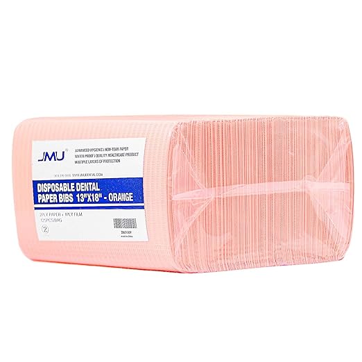 JMU 125 Pack Dental Bibs Disposable, 2-Ply Paper 1-Ply Film Dental Bibs 13" x 18", Orange