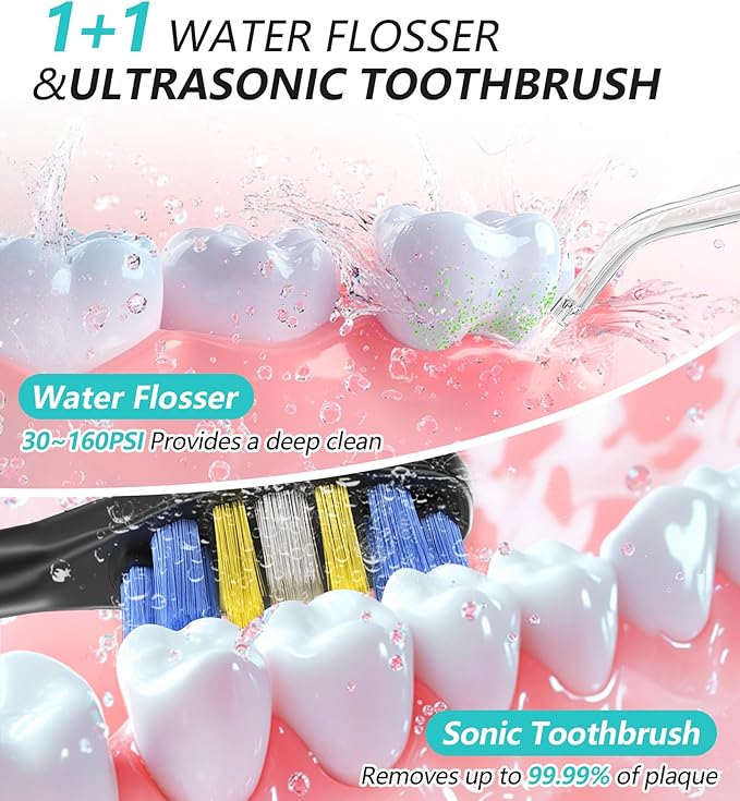 Professional Water Flosser & Electric Toothbrush Combo, 600ML Home Use Oral Irrigator for 10 Adjustable Water Pressure, 2 Cleaning Modes, 1+1 Brushing & Flossing for Complete Oral Care (Black)