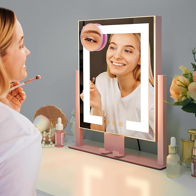 Kottova Vanity Mirror with Lights, Lighted Makeup Mirror, Smart Touch Control, Dimmable 3-Color Lights, Lighted Mirror with Detachable 10X Zoom Mirror, 360° Rotation, Metal Frame（Pink）