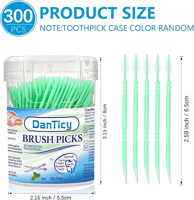 Brushpicks Interdental Toothpicks,Soft Bristle Dental Floss Picks Toothpicks,Helps Removes Plaque and Debris Between Your Teeth, Mint, 300PCS (Pack of 1)