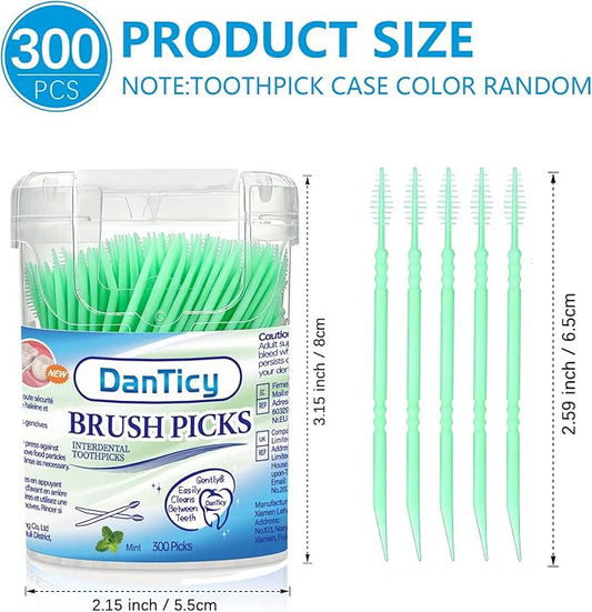 Brushpicks Interdental Toothpicks,Soft Bristle Dental Floss Picks Toothpicks,Helps Removes Plaque and Debris Between Your Teeth, Mint, 300PCS (Pack of 1)