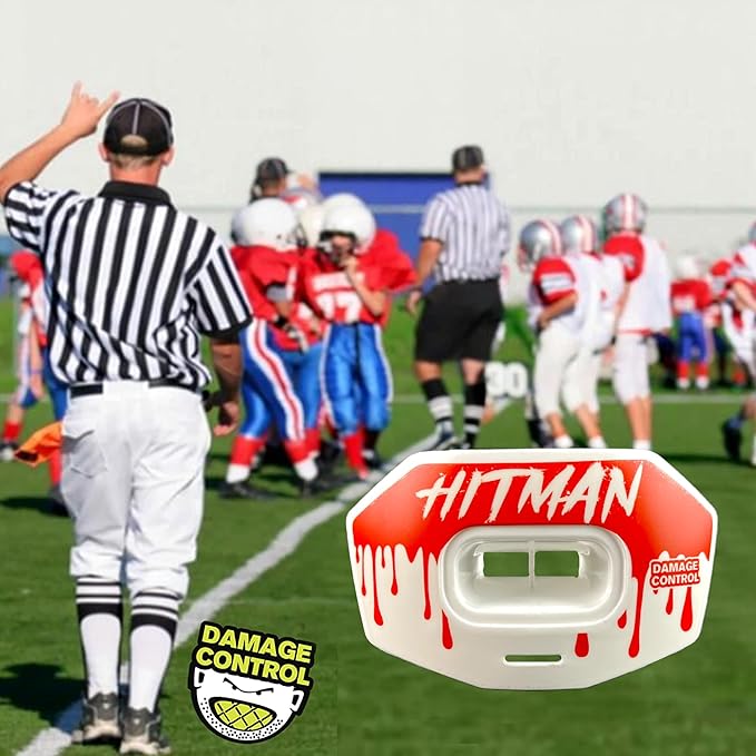 DAMAGE CONTROL Youth Football Mouth Guard – Breathable No Boil Mouthpiece, Protects Lips & Teeth, Works with Braces, Includes Helmet Strap – Sports Gear & Accessories (Hitman)
