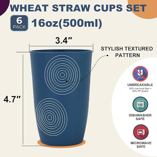 Wrova Wheat Straw Water Cups 16oz with Etched Pattern - Alternative Plastic Drinking Glasses Set of 6 - Unbreakable Tumbler Cups for Kids - Vibrant Series