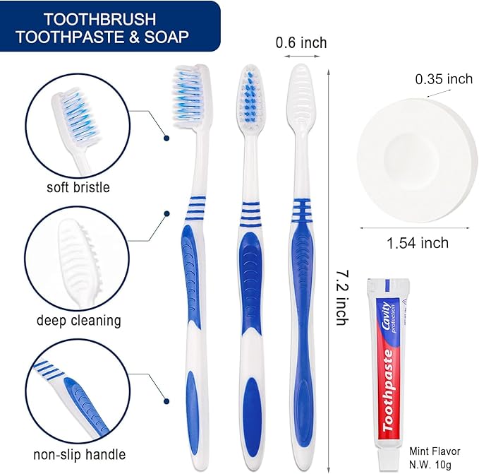 10 Set Disposable Toothbrushes with Toothpaste and Soap Individually Wrapped, 10 pcs Toothbrushes, 5 Colors with 10pcs Bar Soap(0.5 oz)