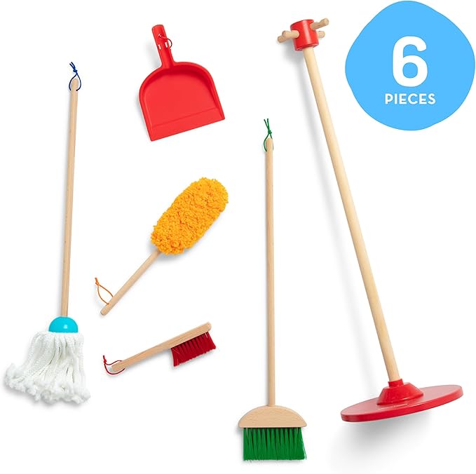 Melissa & Doug Dust Sweep Mop 6-Piece Pretend Play Set, Toddler Toy Cleaning, Pretend Play Home Cleaning, Kids Broom and Mop Set for Ages 3+