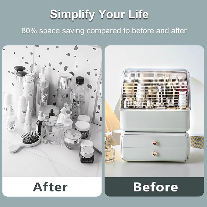 Large Makeup Organizer with Brush Holder, Makeup and Skincare Organizer for Vanity, Cosmetics Skincare Organizers with Lid and Drawers for Countertop, Bathroom, Dresser, Ideal Gifts for Women