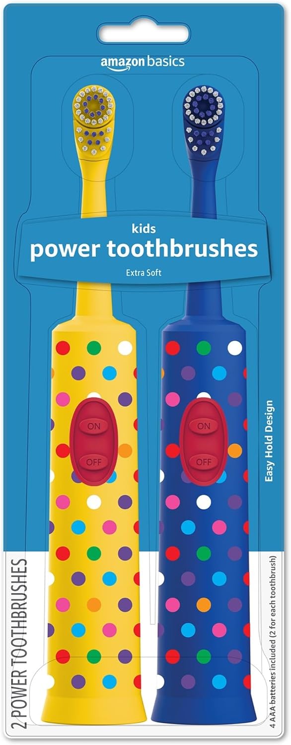 Amazon Basics Kids Battery Powered Toothbrush, 2 Count, 1 Pack (Previously Solimo)