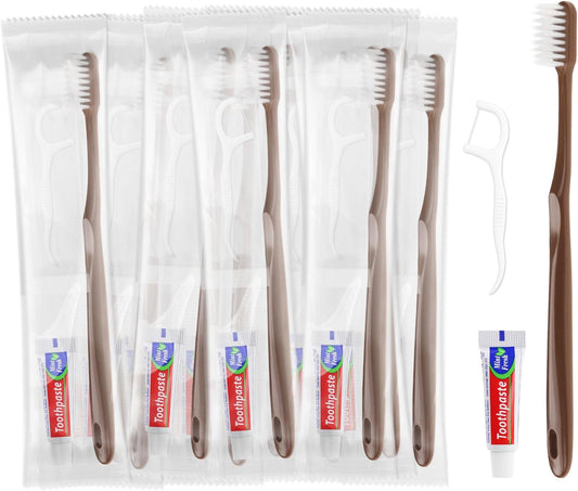 Disposable Toothbrushes with Toothpaste, Travel Toothbrush Kit, Individually Packaged, Brown, with Floss Picks, Suitable for Hotel, Home, Camping, Travel (50-Pack)
