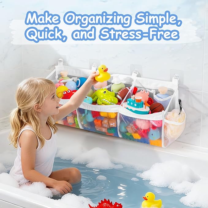 Criusia Extra Large Bath Toy Organizer with 3 Compartments and Multiple Pockets, Quick-Dry Mesh Bathtub Storage for Kids' Toys
