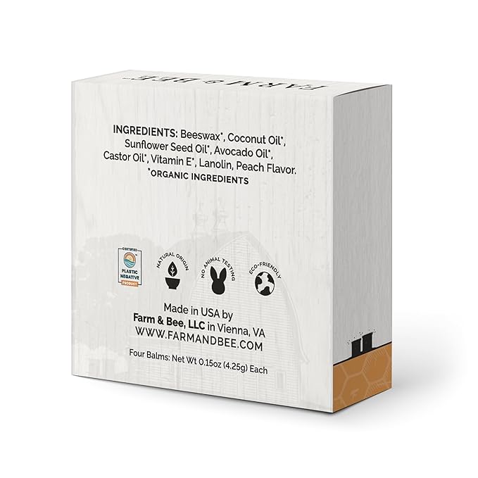 Natural Lip Balm - Organic & Natural Ingredients - Beeswax Based Moisturizing Lip Care Chapstick for Chapped Lips - Great Gift Idea - Farm & Bee - 0.15oz (Pack of 4 - Peach)