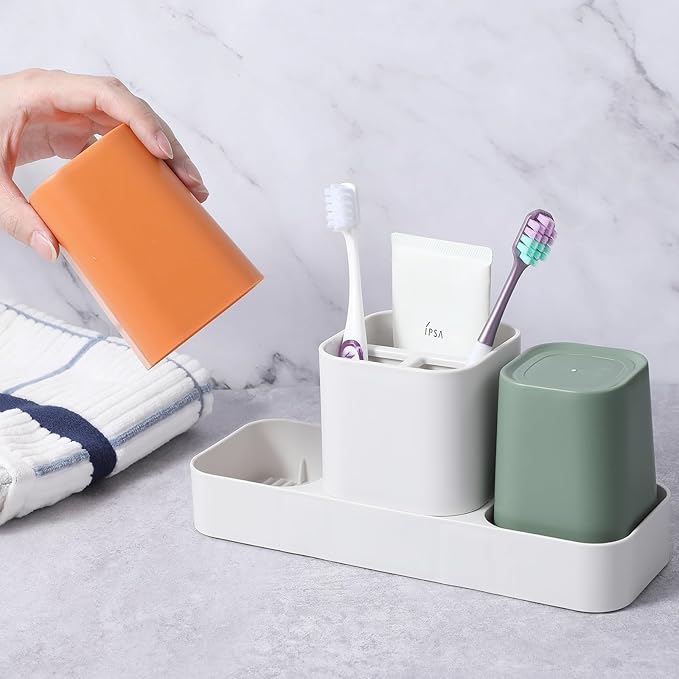 Toothbrush Holder for Bathroom, Bathroom Organizer Storage Set with 2 Cups, Kids Electric Toothbrush Holder, Bathroom Accessories Storage for Toothpaste