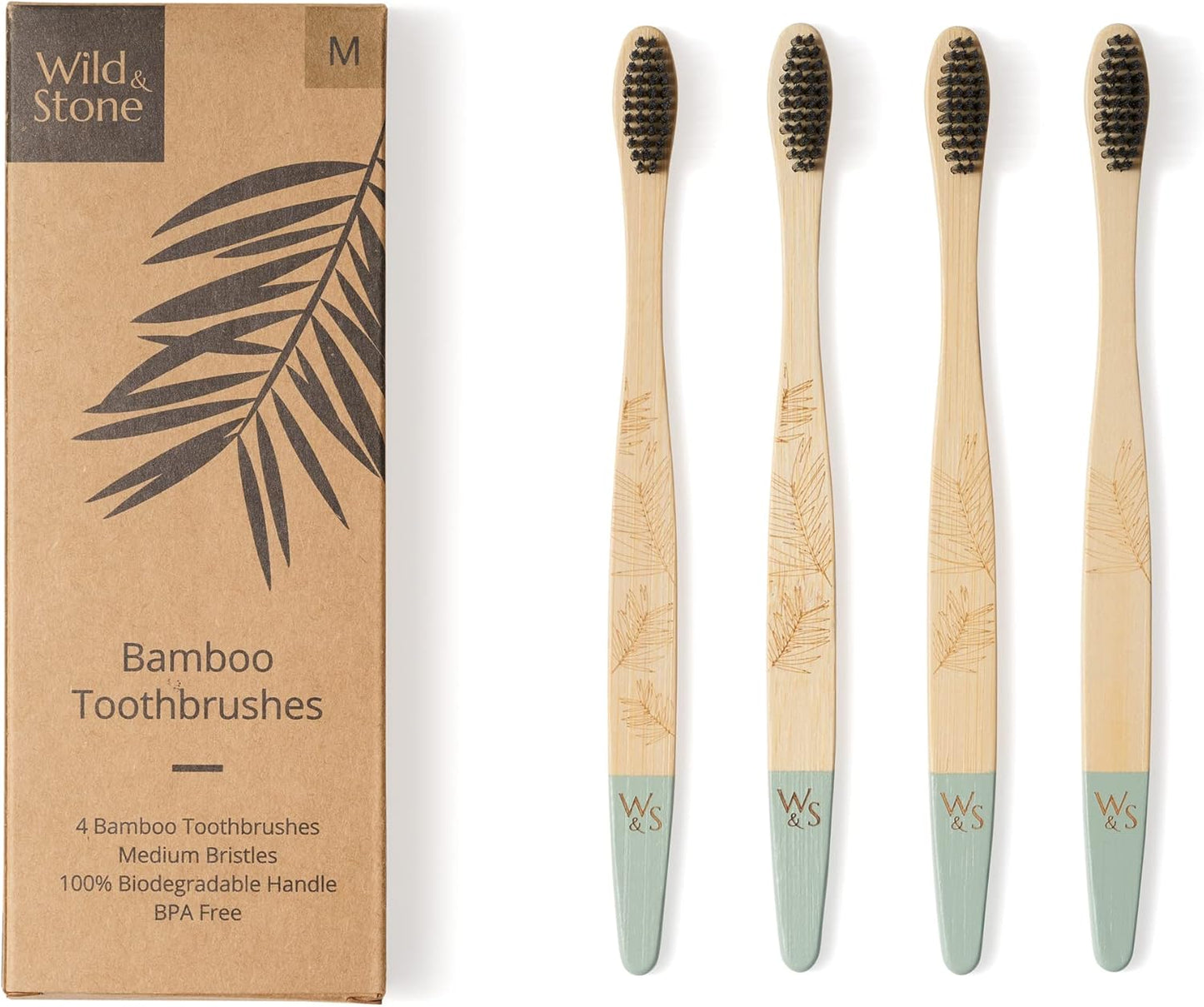 Wild & Stone | Organic Bamboo Toothbrush | Four Different Pattens | Dupont Fibre Bristles | 100% Biodegradable Handle | Vegan Eco Friendly Bamboo Toothbrushes (Medium)