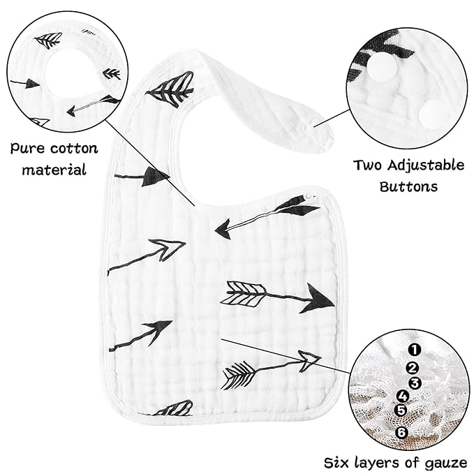 Zainpe 6Pcs Snap Muslin Bibs for Baby Machine Washable Adjustable Unisex Burp Cloths with 6 Absorbent Soft Layers, Animal Pattern Bib for Newborns Toddlers Infants 3 to 36 Months Drooling Teething