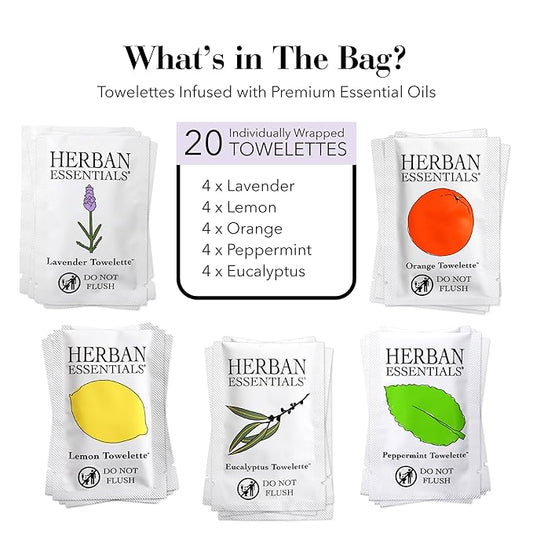 Herban Essentials - Assorted Wipes & Towelettes - Essential Oil Wipes for Hands, Face and Body - Travel Size Essentials and Toiletries - Natural, Individually Wrapped, Disposable and Moist (20 count)