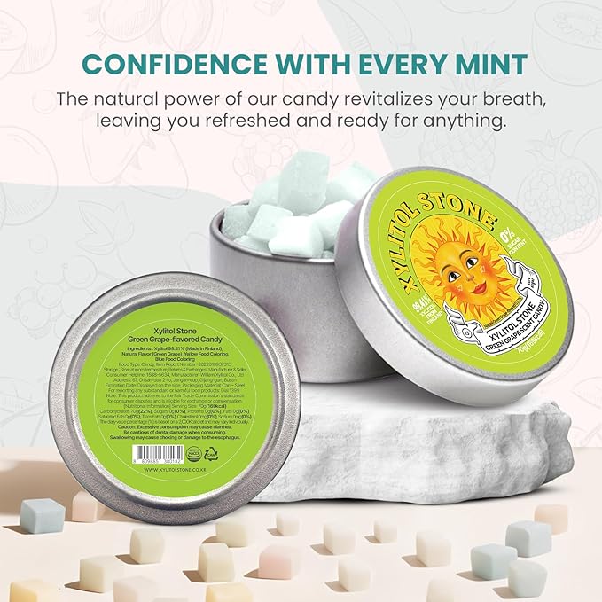 Xylitol Stone Sugar Free Candy - Vegan & Keto Friendly Unique Hard Candy Sugar-Free - 100% Natural Flavor Candies - Gluten Free & Non-GMO Breath Freshener Low Calorie Mints - Green Grape (Pack of 1)