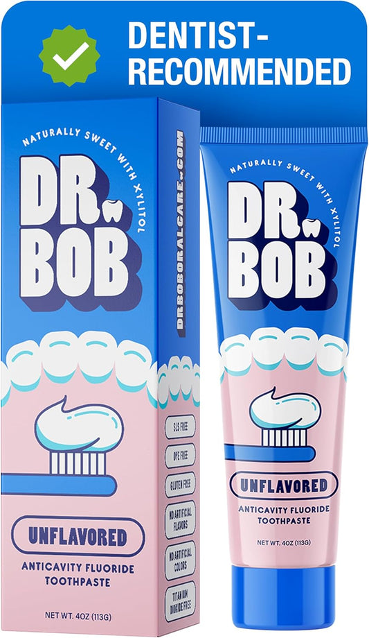 Dr. Bob Unflavored Anticavity Fluoride Toothpaste for Kids, Dentist-Recommended Toothpaste Gel with Xylitol for Sensitive Teeth, SLS-Free, Children and Adult Oral Care, 4 oz., 1-Pack
