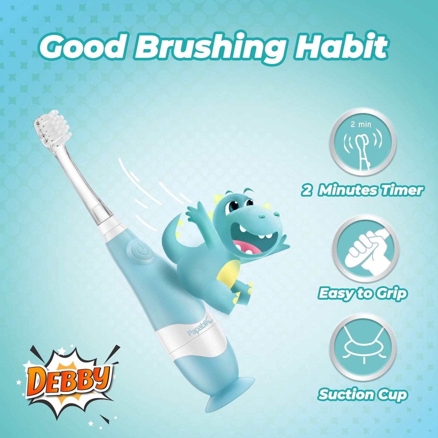 Papablic Toddler Sonic Electric Toothbrush Kids for Ages 1-3 Years, Baby Electric Toothbrush with Cute Dino Cover and Smart LED Timer, 2 Brush Heads (Debby)