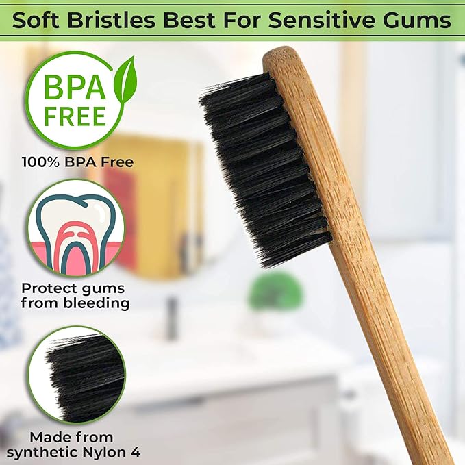 4 Count I Bamboo Toothbrush I Soft Bristles Best for Sensitive Gums I Charcoal I Vegan I Natural Wood I BPA Fee I Recyclable I Compostable I Biodegradable | Environmentally Friendly