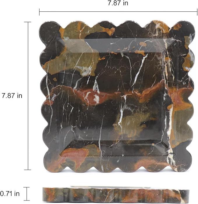 Square Marble Decorative Tray with Scalloped Edge, Luxury Natural Stone Bathroom Vanity Tray, Dresser Top Perfume Coffee Home Kitchen Sink Tray, Key Trinket Ring