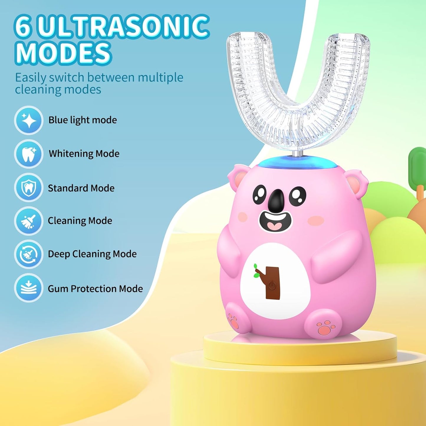 Kids U Shaped Electric Toothbrush, Automatic 360° Sonic Cleaning, 6 Modes, 4 Brush Heads, Cute Cartoon Koala Design (6-12 Age (Pink))