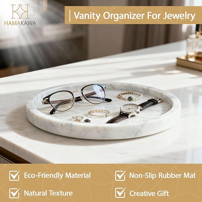 Bathroom Vanity Tray, Large Natural Marble Round Sink Tray 9.5 Inch, Carrara White Limestone Dresser Tray, Modern Countertop Organizer for Soap Dispenser, Kitchen Counter, Home Decor