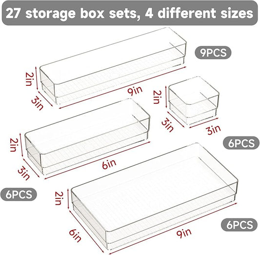 27 PCS Clear Plastic Drawer Organizer Set, 4 Sizes Acrylic Drawer Storage Trays Non Slip Storage Bins for Makeup, Jewelry, Gadgets for Kitchen, Bedroom, Bathroom, Office