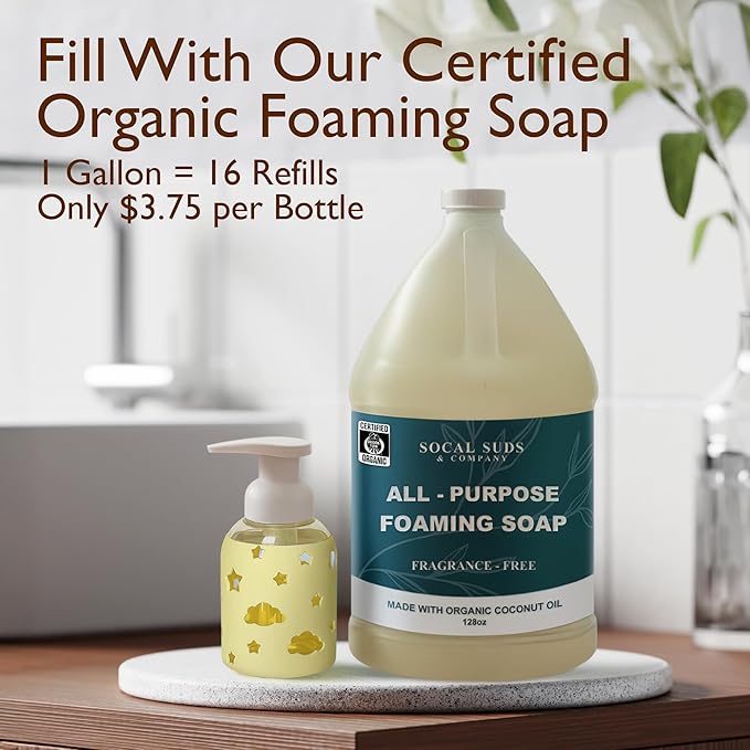 SoCal Suds & Company Glass Foaming Hand Soap Dispenser, Soft Grip Silicone Sleeve, Refillable Pump Bottle for Kids, Baby Wash & Shampoo, Ideal for Home Use, Light Yellow 8oz