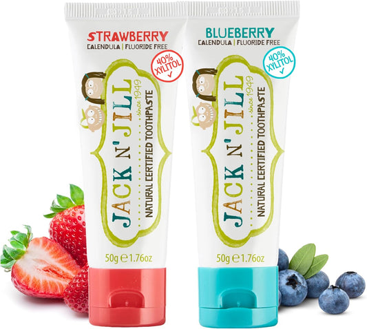 Jack N' Jill Natural Toddler Toothpaste - Fluoride Free Training Toothpaste for Toddlers 1-3, 40% Xylitol, BPA Free - Strawberry & Blueberry, 1.76 oz (Pack of 2)
