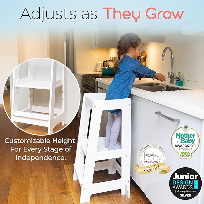 Stepup Baby Toddler Step Stool - Adjustable Height Kids Helper Step Stool, Durable, Non-Slip Platform for Bathroom Sink & Kitchen Counter, Toddler Tower for Exploration and Growth - White