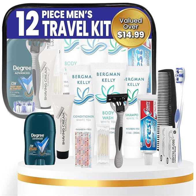 Trektote Travel Toiletry Kit For Men – 12 Piece Set Of Travel Size Toiletries, TSA Compliant, Travel Essentials, Includes Shampoo And Conditioner, Body Wash, Toiletry Bag & More