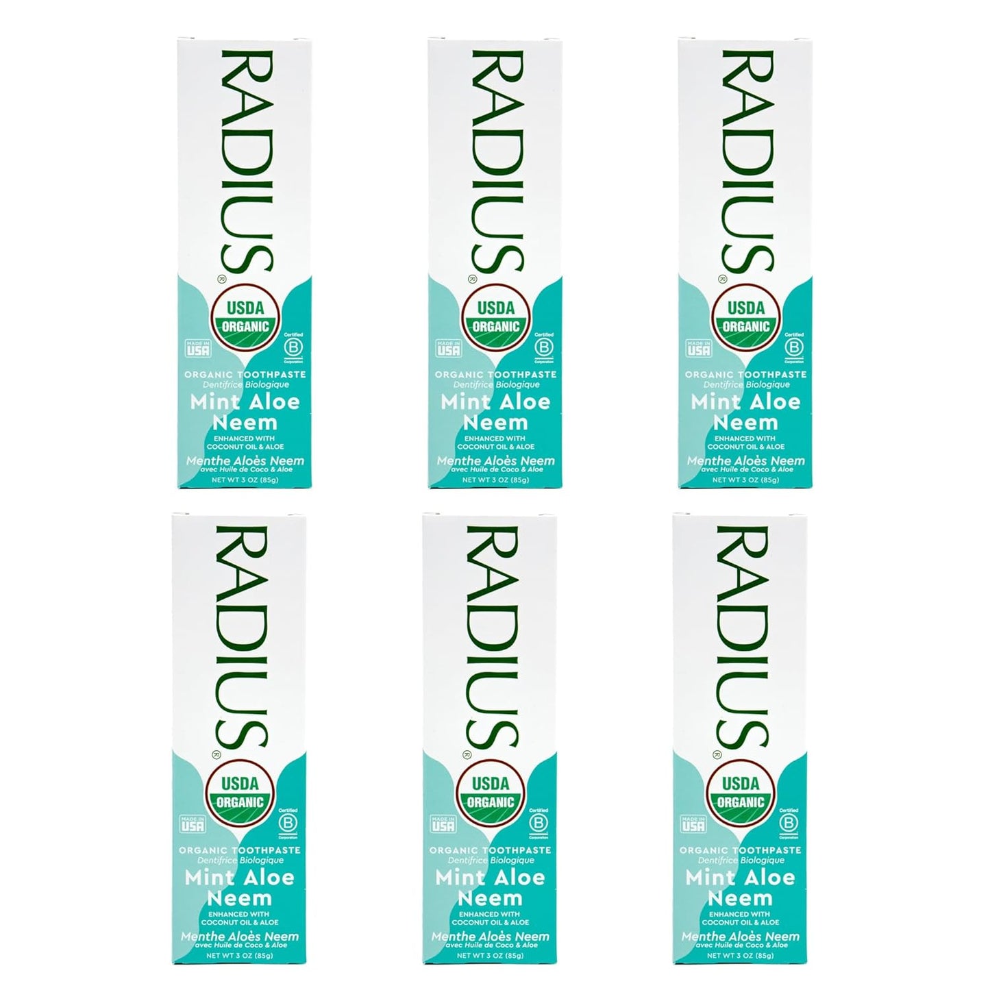Radius Toothpaste, Mint Aloe Neem, 3 oz, USDA Organic Non-Toxic Chemical-Free Gluten-Free, Designed to Improve Gum Health & Prevent Cavities, Pack of 6