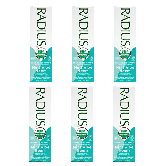 Radius Toothpaste, Mint Aloe Neem, 3 oz, USDA Organic Non-Toxic Chemical-Free Gluten-Free, Designed to Improve Gum Health & Prevent Cavities, Pack of 6