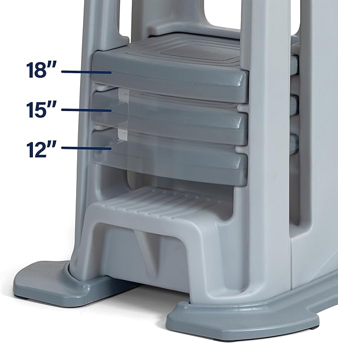 Simplay3 Toddler Tower Montessori Standing Kitchen Step Stool with Sturdy Stabilizing Base and Adjustable Platform, 20.5" D x 26" W x 34.5" H, Ages 18 Months to 5 Years, Gray