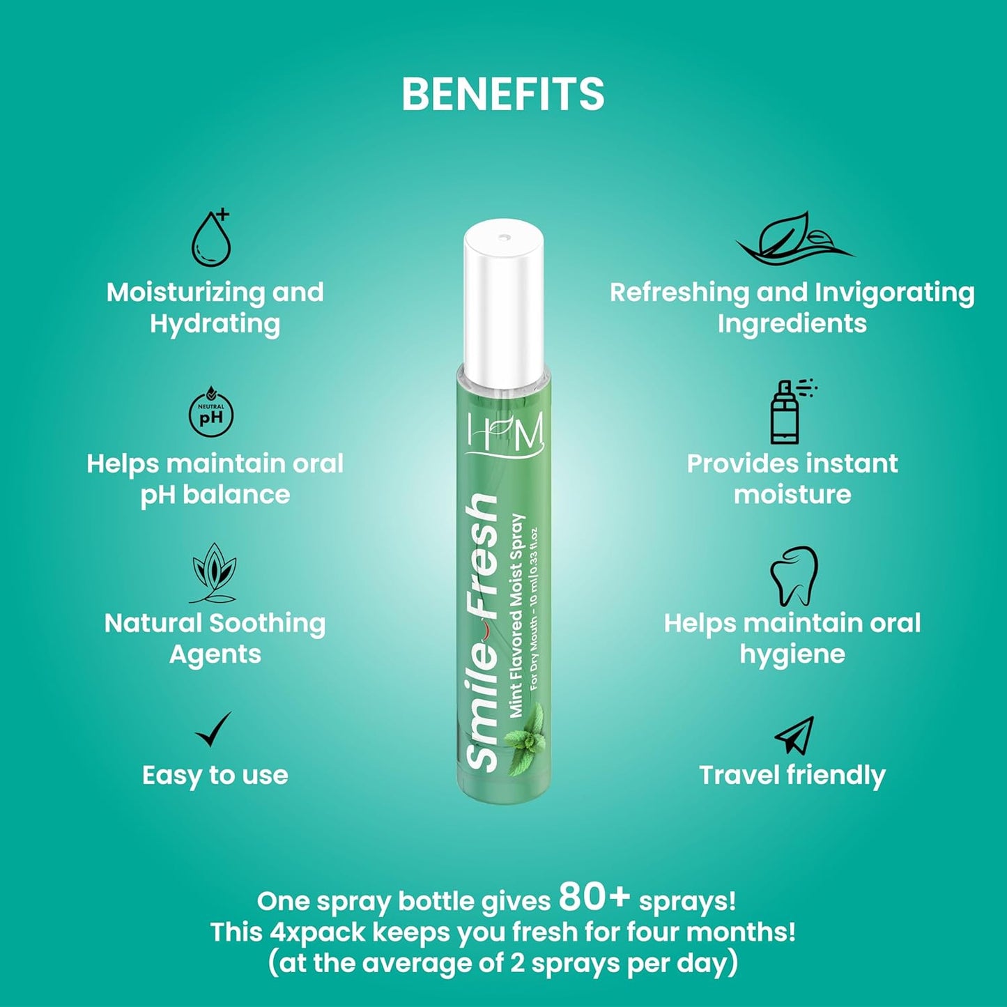 HM - Dry Mouth Flavoured Spray Xylitol - Alcohol Free | Instantly Hydrate & Moisturize | pH Balanced | Promotes Saliva Production & Soothes, Bad Breath | Pack of 4 x 0.33 oz [1.35 Oz]