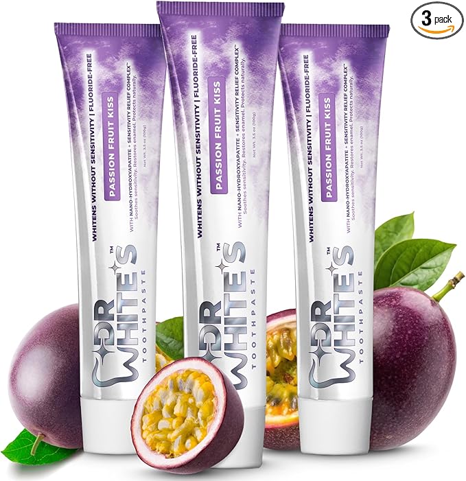Dr. White’s Fluoride-Free nHA Toothpaste 3-Pack; Dentist-Formulated, Nano Hydroxyapatite + Xylitol, Sensitivity Relief Complex™, Mint-Free, Enamel Safe, Swallow-Safe (3.5 Oz, Passion Fruit Kiss)