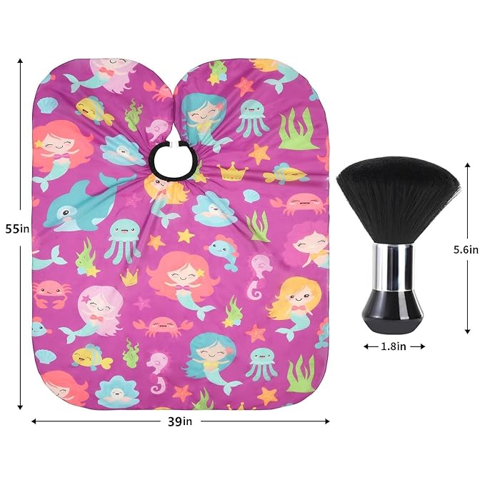 Kids Barber Cape with Neck Duster Brush, Professional Salon Hair Cutting Cape with Adjustable Snap Closure(Cartoon Mermaids)