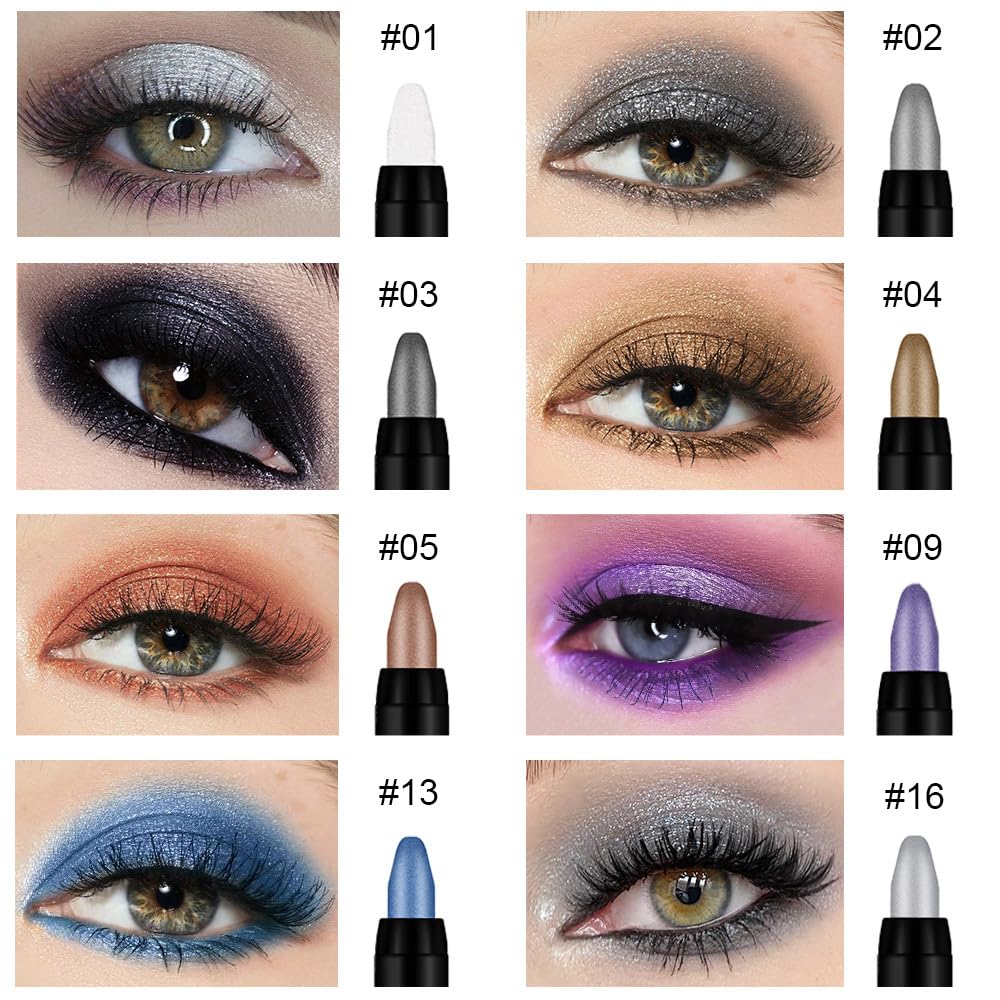 8Pcs Cream Eye Shadow Brightener Sticks Set for Eyes, Pearl White Smokey Black Gray Khaki Royal Blue Violet Purple Silver, Halloween Makeup, Matte Shimmer Eye Shadow Pencil Pen Crayon Waterproof 01
