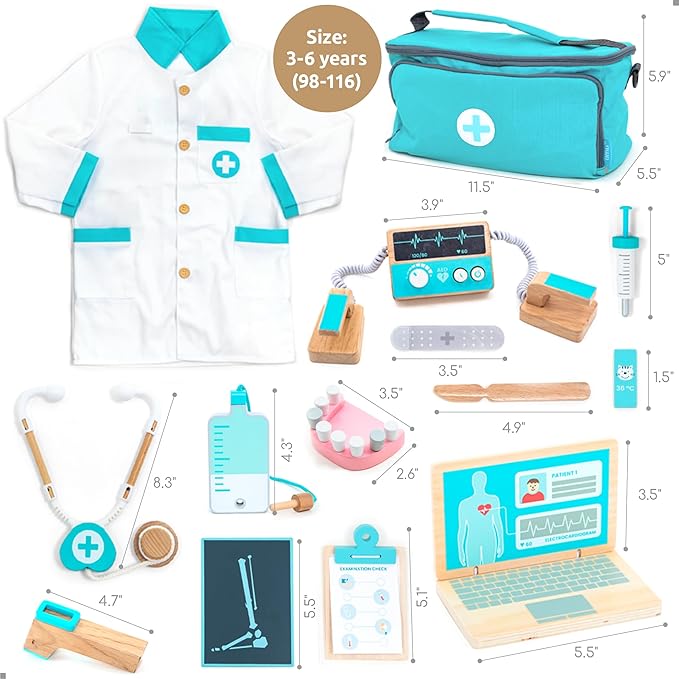 UMU® Deluxe Wooden Doctor Play Set – 37 Pcs Pretend Medical Kit with Stethoscope Dentist Tools Laptop & Accessories – Doctor Role Play Toy for Kids Ages 3 4 5 6