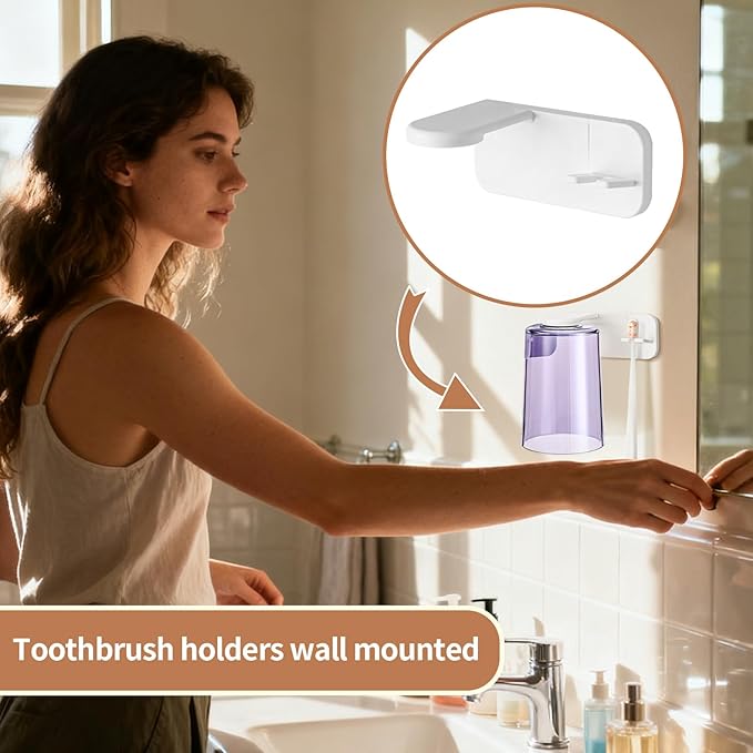 Toothbrush Cup Organizer - Adhesive Rinse Cup Set, Wall Mounted Brush Dispenser, Bathroom Accessory with Space Saving Design, Tooth Care Holder for Home Apartment Dorm Office Hotel RV Travel