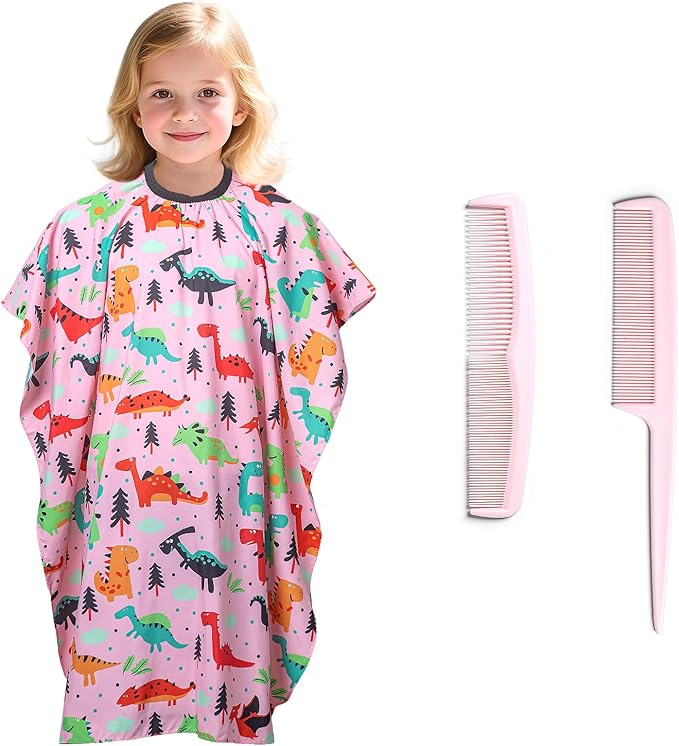 Gealaek Kids Haircut Cape and Comb Set Professional Barber Haircombs and Girls Dinosaur Hairdresser Apron with Adjustable Closure 55x40 Inches Salon Kit (Pink)