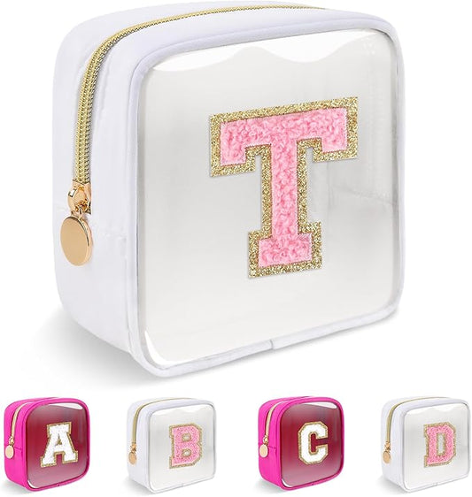 Personalized Initial Letter Clear Preppy Makeup Bag,Mini Nylon Chenille Letter Cosmetic Bag Cute Zipper Pouch Purse for Teen Girls,Portable TSA Approved Beach Travel Essentials Bag Gift for Women,T