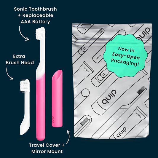 Quip Plastic Sonic Toothbrush for Kids Plus Extra Brush Head - GITD Pink (Glow in The Dark)