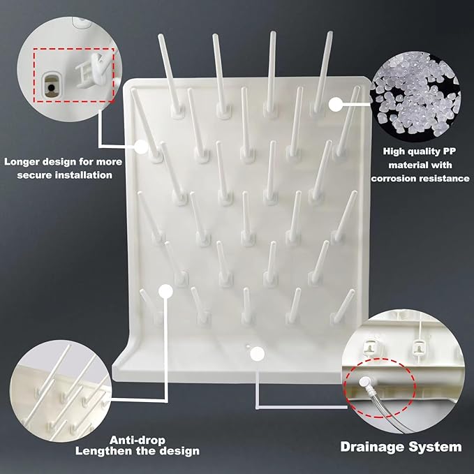 Lab Drying Rack 27 Pegs Laboratory Cabinets Glass Drying Racks Wall-Mount White Cleaning Frame for School Laboratory Utensils Hidden Installation