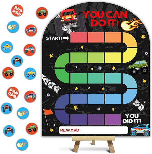 Race Car Reward Chart, Behavior Chart for Kids at Home, Wooden Incentive Chart Signboard with 24 Tokens, Truck Themed Sticker Charts Classroom Essentials -07