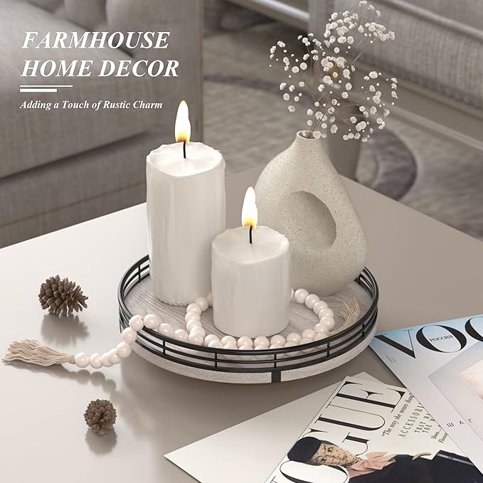 9" Wooden Lazy Susan Organizer for Cabinet, Turntable Round Decorative Tray for Kitchen Sink, Countertop Organizer, Bathroom Counter Organizer for Skincare Makeup, Rustic Whitewashed