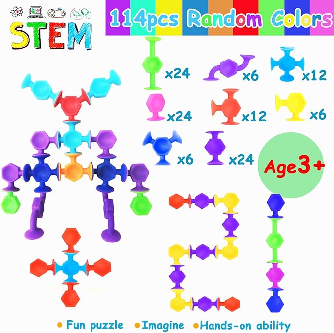 114pcs Suction Cup Bath Toys for Kids Toddlers Family Game - Preschool Learning Sensory Kindergarten Montessori Classroom Gift for Ages 3-8 Bathtub Window Toys for Autism