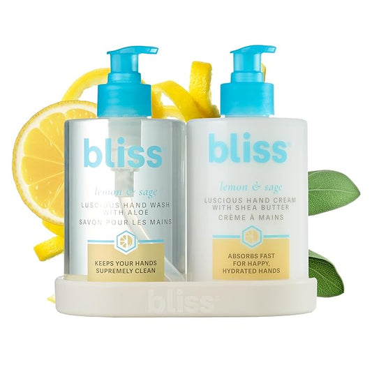 Bliss Lemon & Sage Happy Hands Duo | Hydrating Hand Wash & Nourishing Hand Cream Set with Decorative Tray